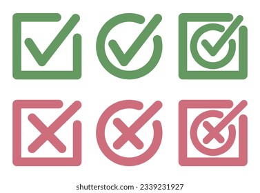 The marks are green and red in squares and circles. Yes or no, vote for and against. Vector illustration. EPS 10.