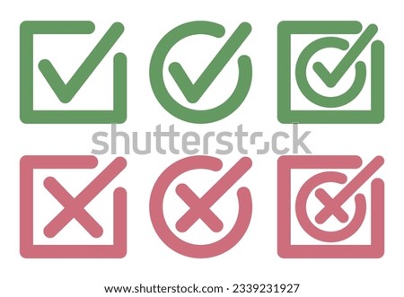 The marks are green and red in squares and circles. Yes or no, vote for and against. Vector illustration. EPS 10.
