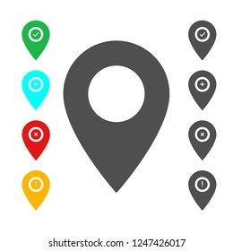 Marks for maps with different states. New, executable, canceled and problem. Red, green, yellow and blue. Vector image