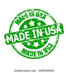 Marks texture made in USA. Seal for post to parcel or clothes. Green print made in america with stars. Vector illustration