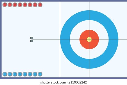 Markup Curling Sheet and Set of Curling Stones in real scale. Vector illustration.