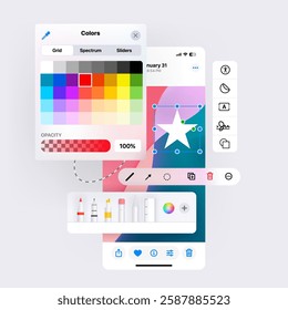 Markup menu when editing a picture in a phone. Mobile interface with drawing tools and color palette. Color picker and illustration tools.  Vector illustration