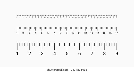 Markup for rulers in different scales isolated on white background. Measuring scale set. Ruler for comparing sizes of objects.