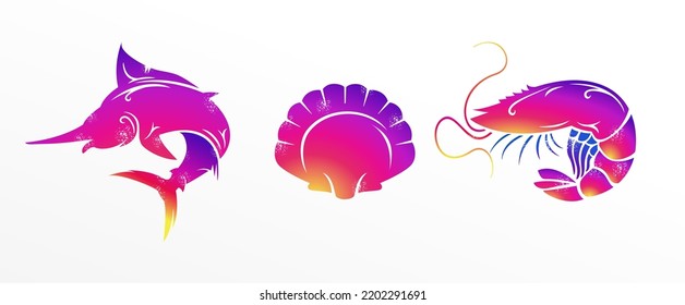 Ilustración de vectores Marlin, Clam y Prawn con color gradiente. Capas separadas