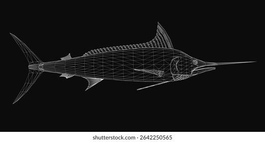 Marlin fish 3D model with sleek body and sharp sword-like bill, isolated on a dark black background. The detailed rendering highlights the fish's metallic blue scales and dynamic pose.