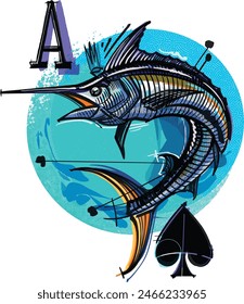 Marlin fish and background with an ace of spades