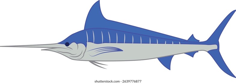 A marlin fish, blue color, simple design, animal vector, fish illustration, striped body, cartoon style, long horn or fin on the face, flat art
