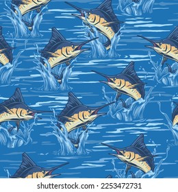 Marlin fish colorful pattern seamless with Atlantic blue Marlin jumping out of sea water for decorating seafood packaging vector illustration