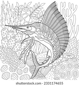 Marlin fish coloring page. Outline sea design in mandala and zentangle style