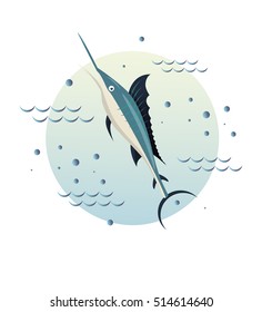 Marlin fish illustration.  Logo, icon concept for diving school or scuba club. Stylized waves and splatter.