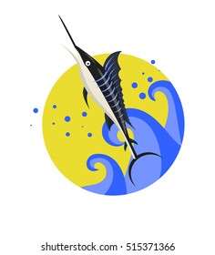 Marlin fish illustration. Logo, icon concept for diving school or scuba club. Stylized waves and splatter.