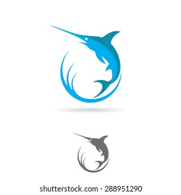 Marlin fish jumps out of the water sign. Vector illustration logo