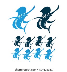 Marlin fish logo and emblem template for your business. Collection with details variation. Isolated silhouette vector illustration.