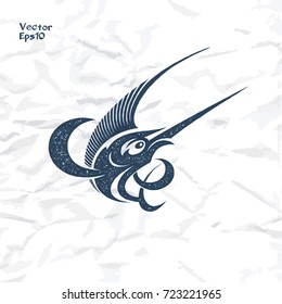 Marlin fish logo and emblem template for your design. Stamp style. Silhouette vector illustration on crumpled paper texture background.