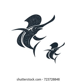 Marlin fish logo and emblem template for your design. Stamp style. Isolated silhouette vector illustration.