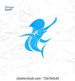 Marlin fish logo and emblem template for your design. Watercolor texture. Silhouette vector illustration on crumpled paper background.