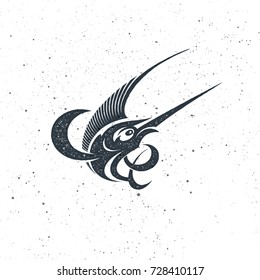 Marlin fish logo and emblem template for your design. Stamp style. Isolated silhouette vector illustration on texture background.