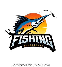 Marlin fish logo isoleted in white background .Sword fish fishing emblem for sport club, Fishing Tournament, Fishing logo design template illustration.