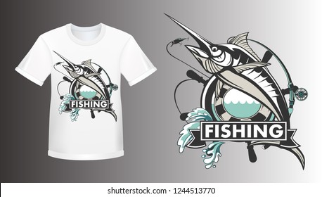 Marlin fish logo shirt mockup.Sword fish fishing emblem for sport club. Angry marlin fishing background theme vector illustration.