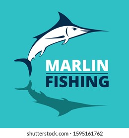 Marlin fish logo. Swordfish fishing emblem. Angry marlina. Design elements for fisherman club or tournament. Big game hunting. Vector illustration.