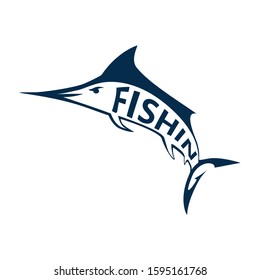 Marlin fish logo. Swordfish fishing emblem. Angry marlina. Design elements for fisherman club or tournament. Big game hunting. Vector illustration.