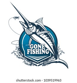 Marlin fish logo.Sword fish fishing emblem for sport club. Angry marlin fishing background theme vector illustration.