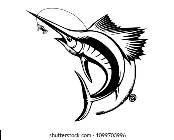 Marlin fish logo.Sword fish fishing emblem for sport club. Angry marlin fishing background theme vector illustration.