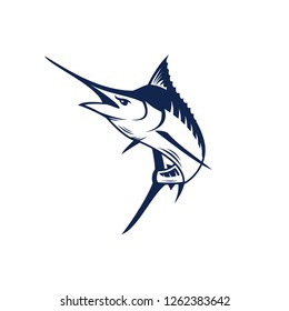 Marlin fish logo.Sword fish fishing emblem for sport club. Angry marlin fishing background theme vector illustration. - Vector