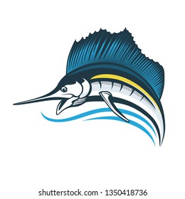 Marlin fish logo.Sword fish fishing emblem for sport club. Angry marlin fishing background theme vector illustration.