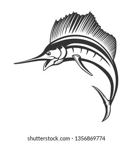 Marlin fish logo.Sword fish fishing emblem for sport club. Angry marlin fishing background theme vector illustration.