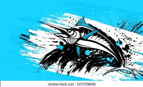 Marlin fish logo.Sword fish fishing emblem for sport club. Angry marlin fishing background theme vector illustration. Water splash. Grunge background. Paint stains.