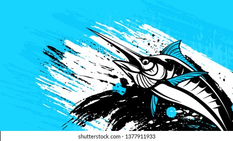 Marlin fish logo.Sword fish fishing emblem for sport club. Angry marlin fishing background theme vector illustration. Water splash. Grunge background. Paint stains.
