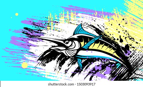 Marlin fish logo.Sword fish fishing emblem for sport club. Angry marlin fishing background theme vector illustration. Water splash. Grunge background. Paint stains.