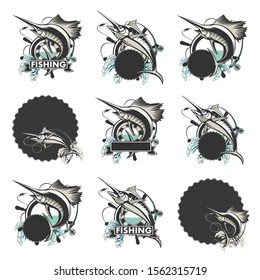 Marlin fish logo.Sword fish fishing emblem for sport club. Angry marlin fishing background theme vector illustration.