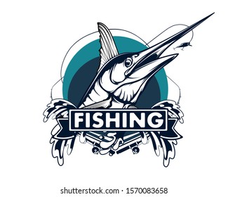 Marlin fish logo.Sword fish fishing emblem for sport club. Angry marlin fishing background theme vector illustration.