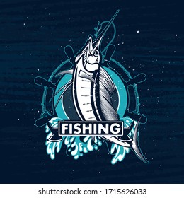 Marlin fish logo.Sword fish fishing emblem for sport club. Angry marlin fishing background theme vector illustration.