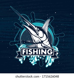 Marlin fish logo.Sword fish fishing emblem for sport club. Angry marlin fishing background theme vector illustration.