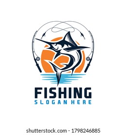 Logo de Marlin fish.Emblema de pesca de espadas para club deportivo, Plantilla de logotipo de torneo de pesca, ilustración de diseño de logotipo de pesca. Logo de la pesca deportiva. 