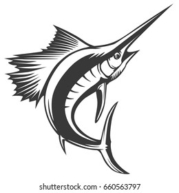 Marlin fish logo.Sword fishing emblem for sport club. Angry fish background theme vector illustration.