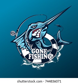 Marlin fish logo.Sword fishing emblem for sport club. Angry fish background theme vector illustration.