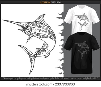 Marlin fish mandala arts isolated on black and white t shirt.