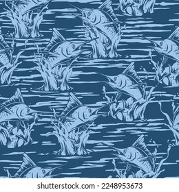 Marlin fish monochrome pattern seamless water surface with Atlantic blue marlin jumping out in hope of catching food vector illustration