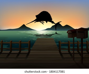 Marlin fish in nature scene silhouette illustration