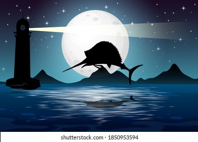 Marlin fish in nature scene silhouette illustration