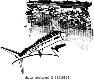 Pescado marlin en el océano y peces pequeños alrededor