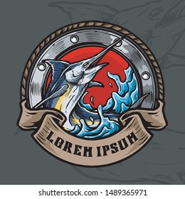 marlin fish with retro ribbon and metal plat window ship, suitable for fishing club logo design