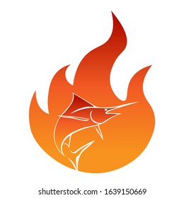 Marlin fish silhouette in flame logo or mascot and icon vector illustration isolated on white background. Logo design, simple mascot, angry animal vector icon illustration, gaming and sport symbol.