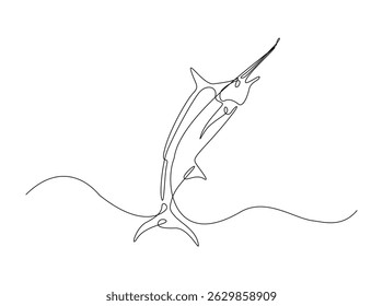 Marlin fish single outline illustration. Continuous line art drawing of marlin fish. Editable stroke.