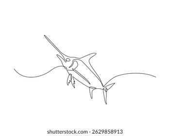 Marlin fish single outline illustration. Continuous line art drawing of marlin fish. Editable stroke.