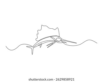 Marlin fish single outline illustration. Continuous line art drawing of marlin fish. Editable stroke.